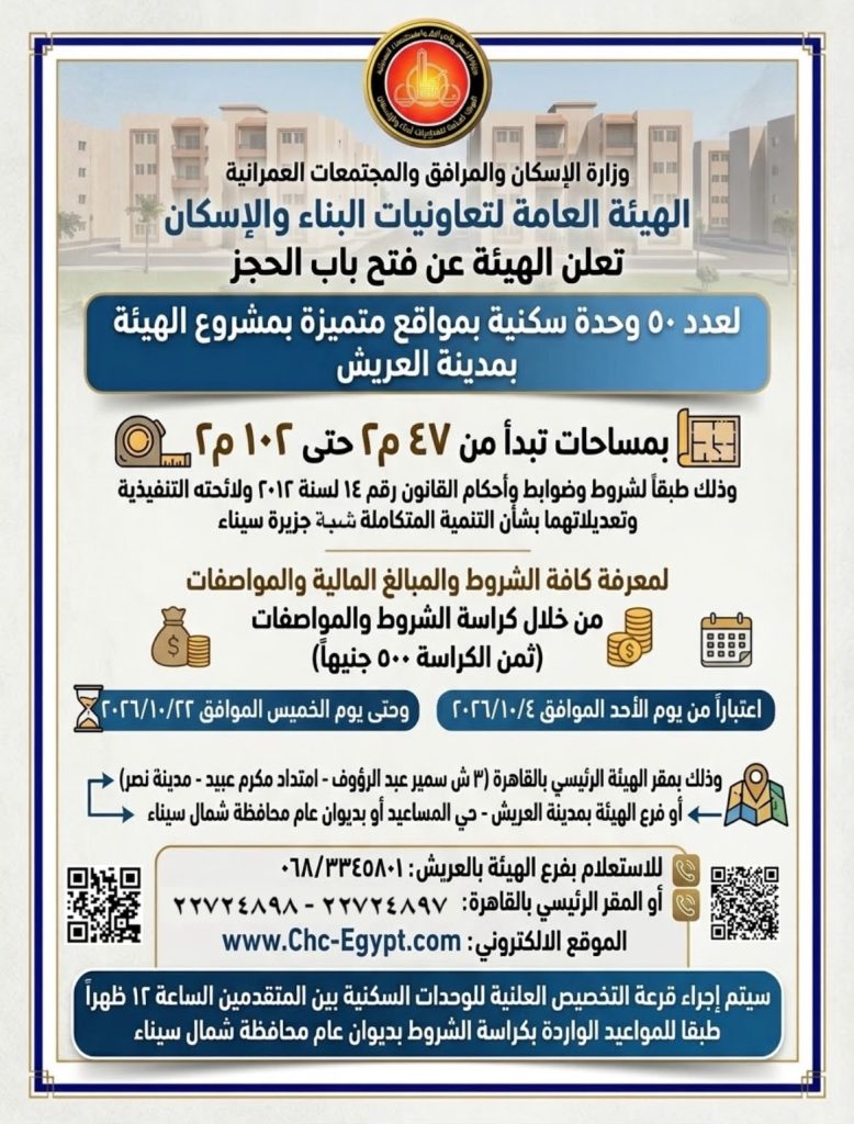 فتح باب الحجز لعدد 50 وحدة سكنية بمواقع متميزة بمدينة العريش